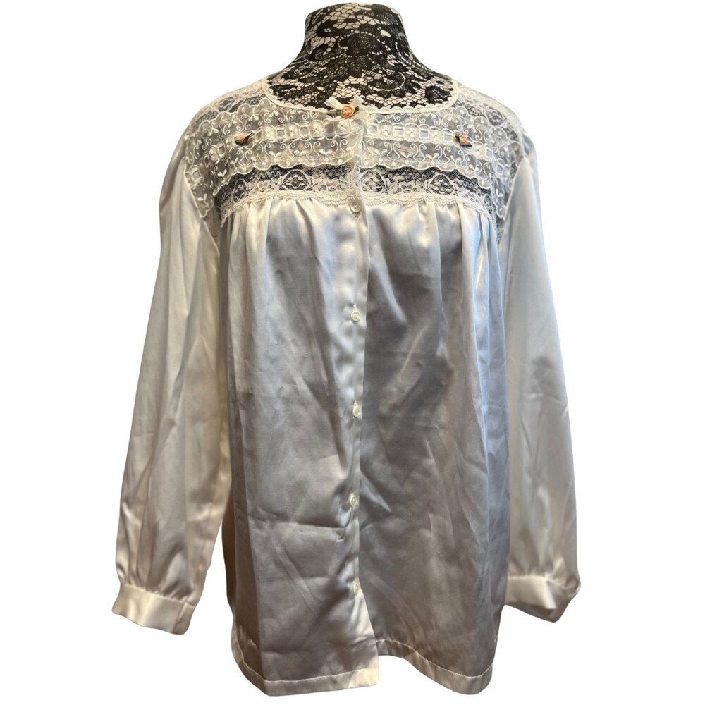 Vintage 80s Pajama Shirt Blouse Satin Long Sleeve White Lace Rose Ribbon Bow S
